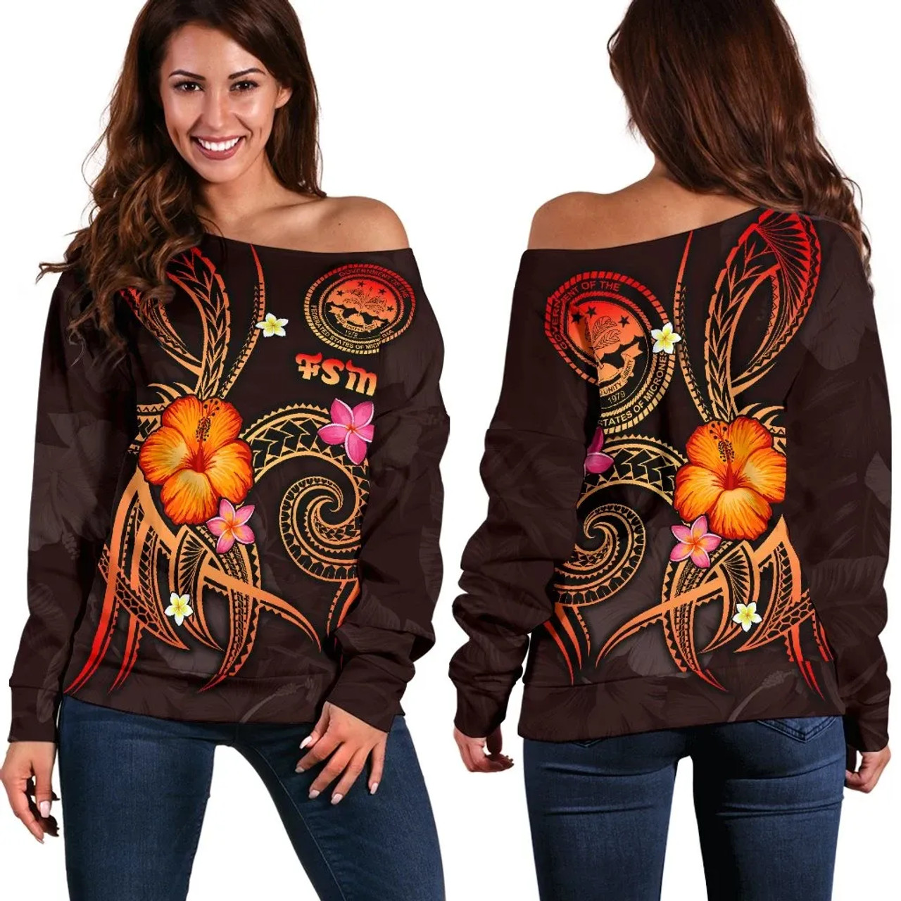 Federated States of Micronesia Polynesian Off Shoulder Sweater - Legend of FSM (Red) 2