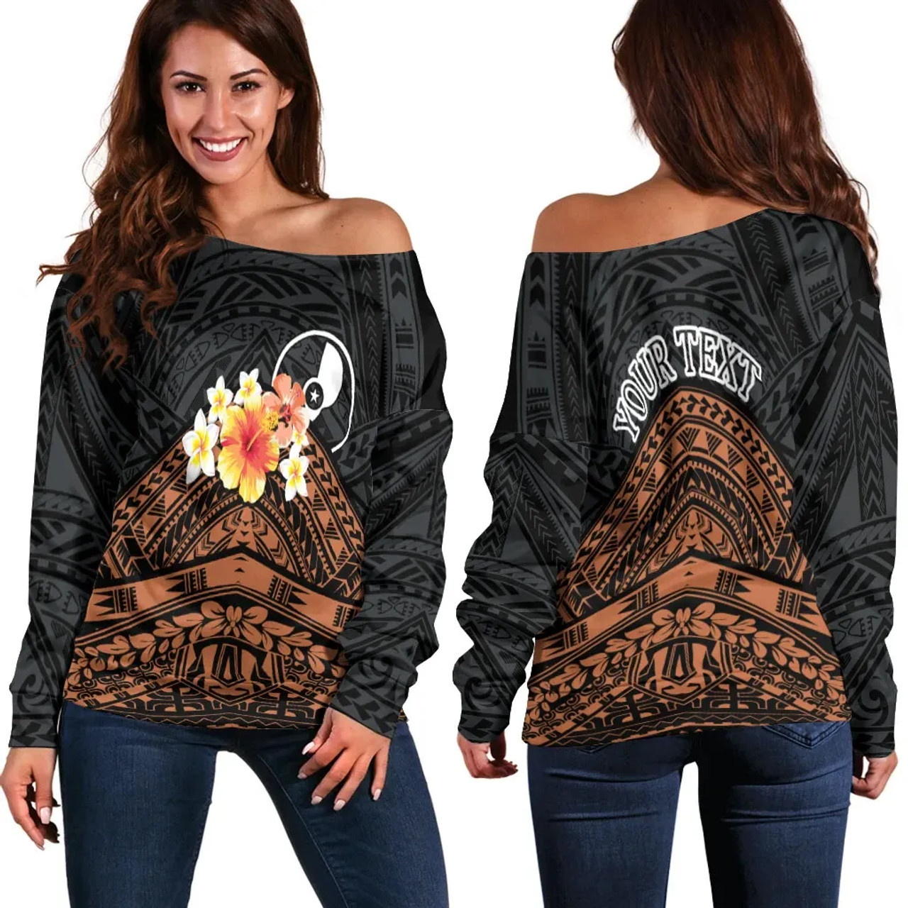 Yap Custom Personalised Women Off Shoulder Sweaters - Tribal Pattern Hibiscus 1