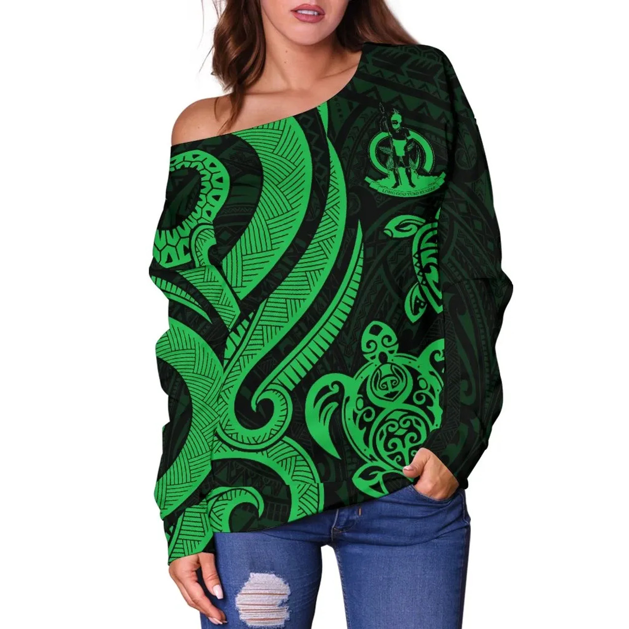 Vanuatu Women Off Shoulder Sweater - Green Tentacle Turtle 2