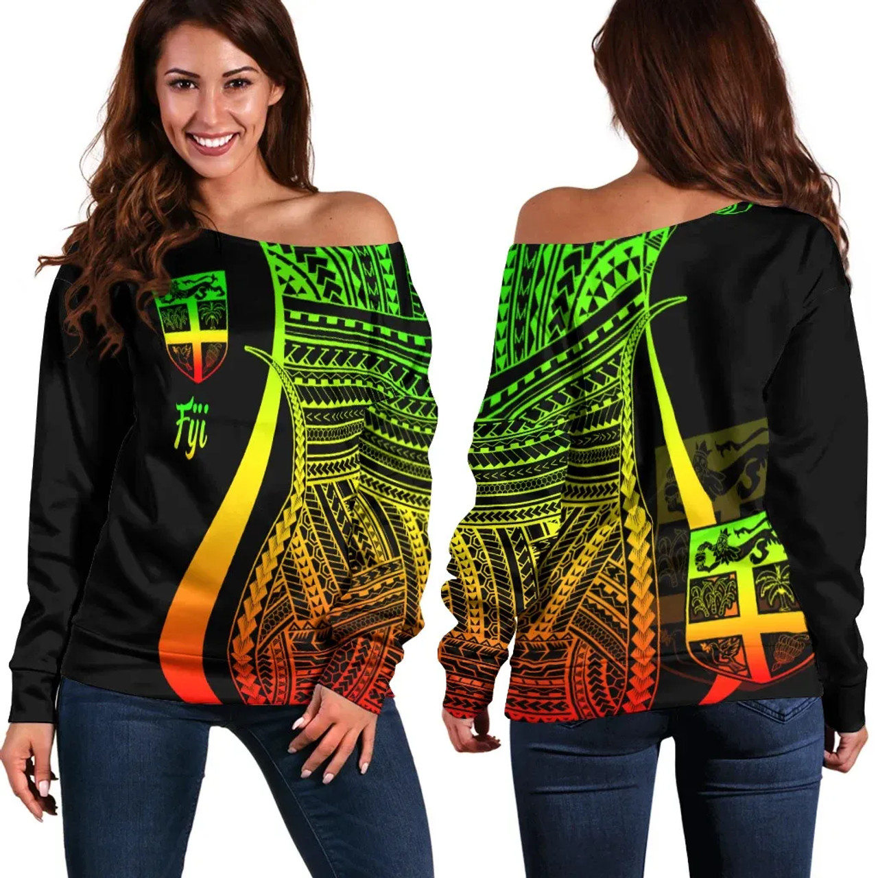 Fiji Women Off Shoulder Sweater - Reggae Polynesian Tentacle Tribal Pattern 1