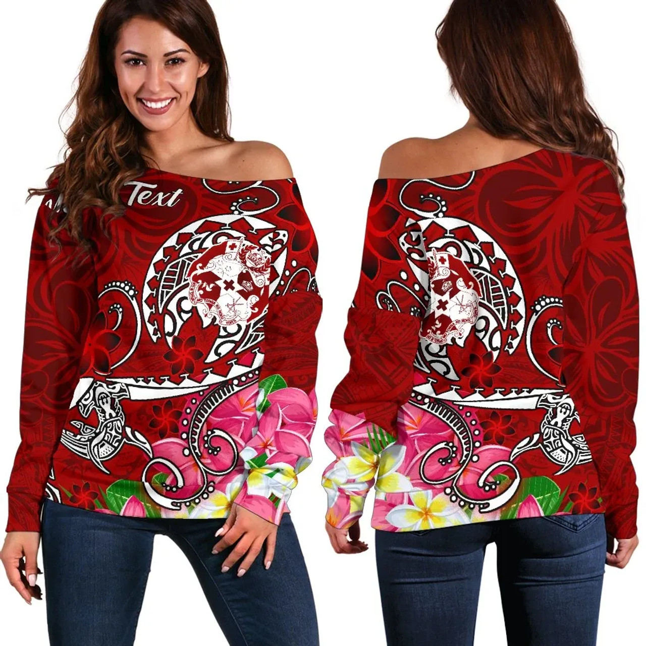 Tonga Custom Personalised Women Off Shoulder Sweater - Turtle Plumeria (Red) 2