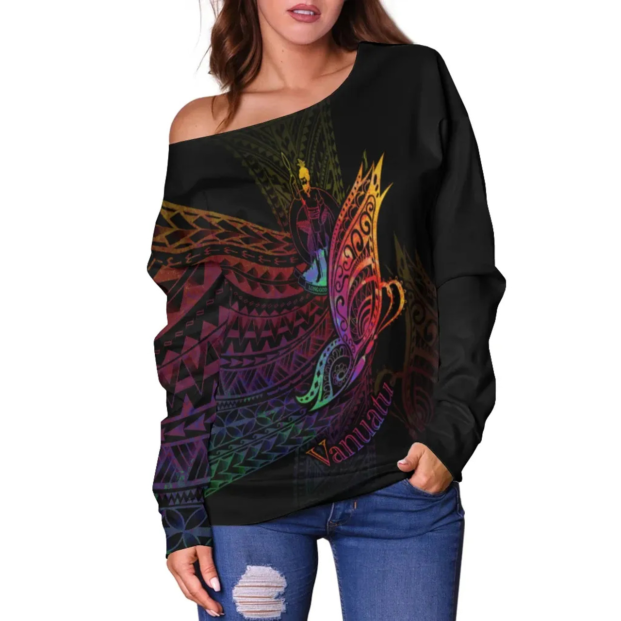 Vanuatu Women Off Shoulder Sweater - Butterfly Polynesian Style 2