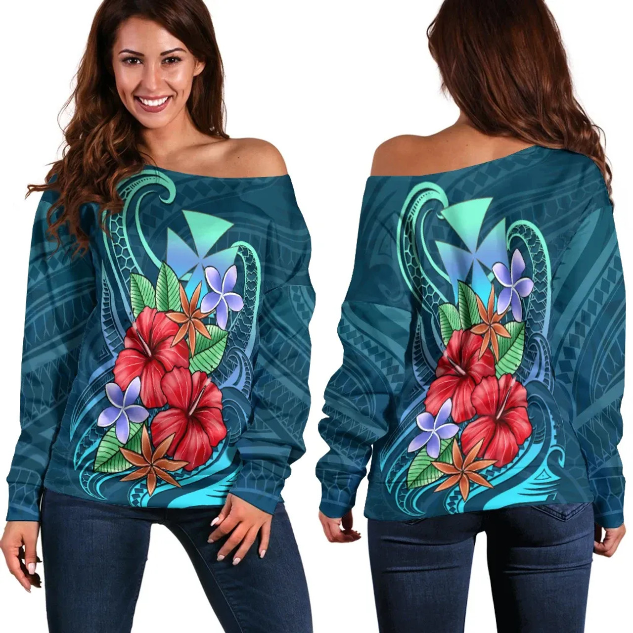Wallis and Futuna Women Off Shoulder Sweater - Blue Pattern With Tropical Flowers 1