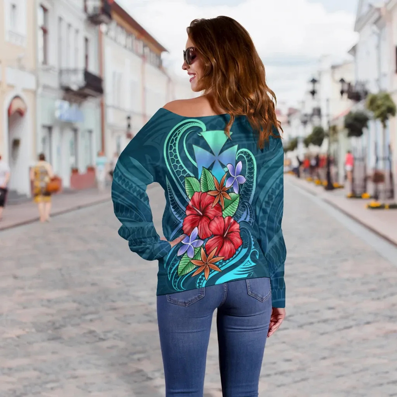 Wallis and Futuna Women Off Shoulder Sweater - Blue Pattern With Tropical Flowers 3
