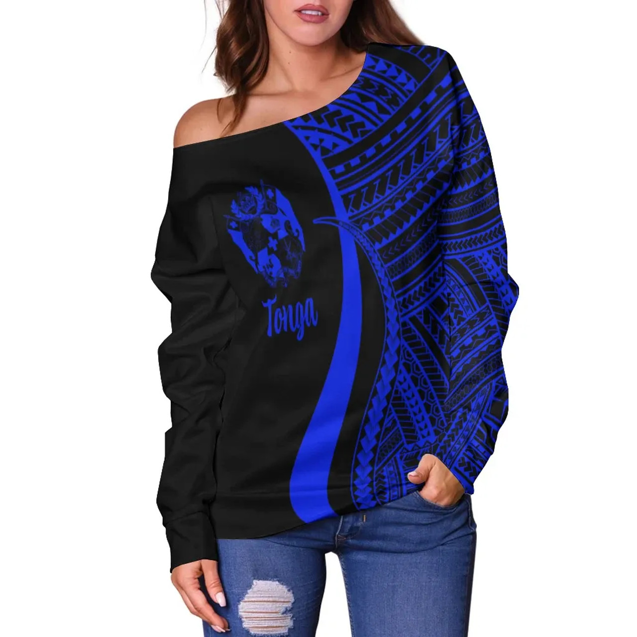 Tonga Women Off Shoulder Sweater - Blue Polynesian Tentacle Tribal Pattern 2