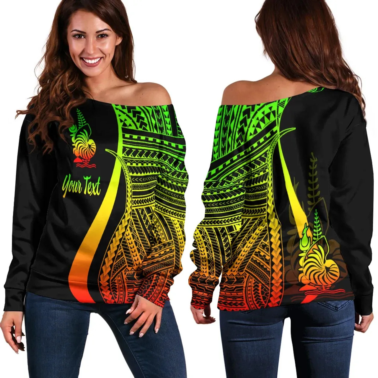 New Caledonia Custom Personalised Women Off Shoulder Sweater - Reggae Polynesian Tentacle Tribal Pattern 1