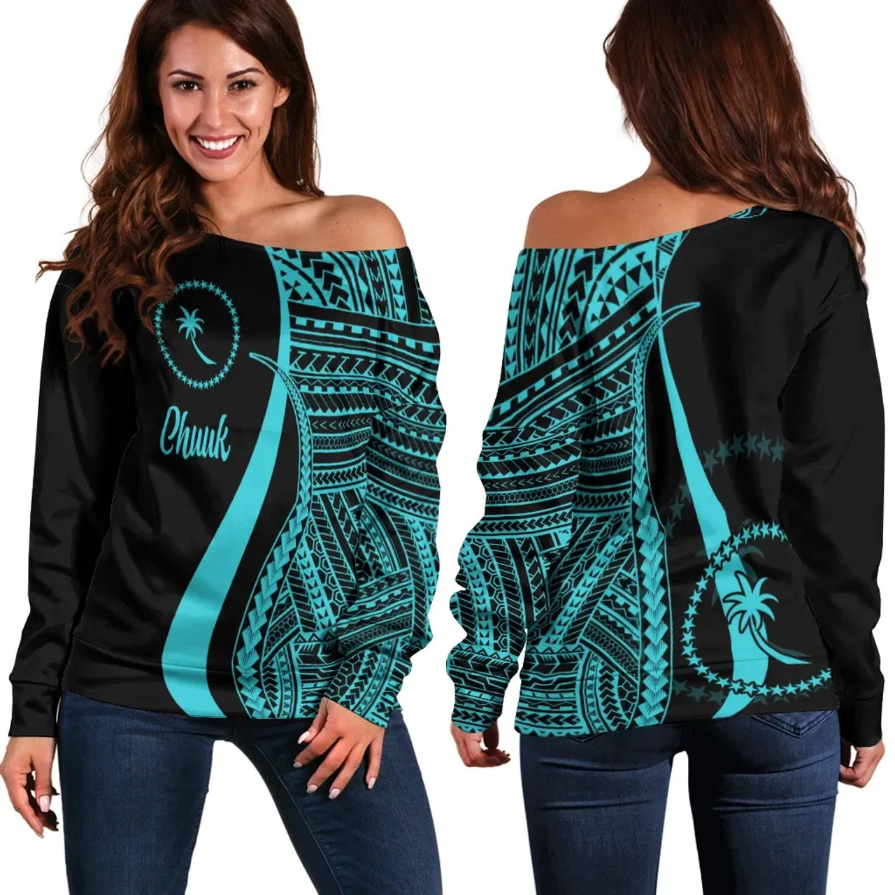 Chuuk Women Off Shoulder Sweater - Turquoise Polynesian Tentacle Tribal Pattern 1