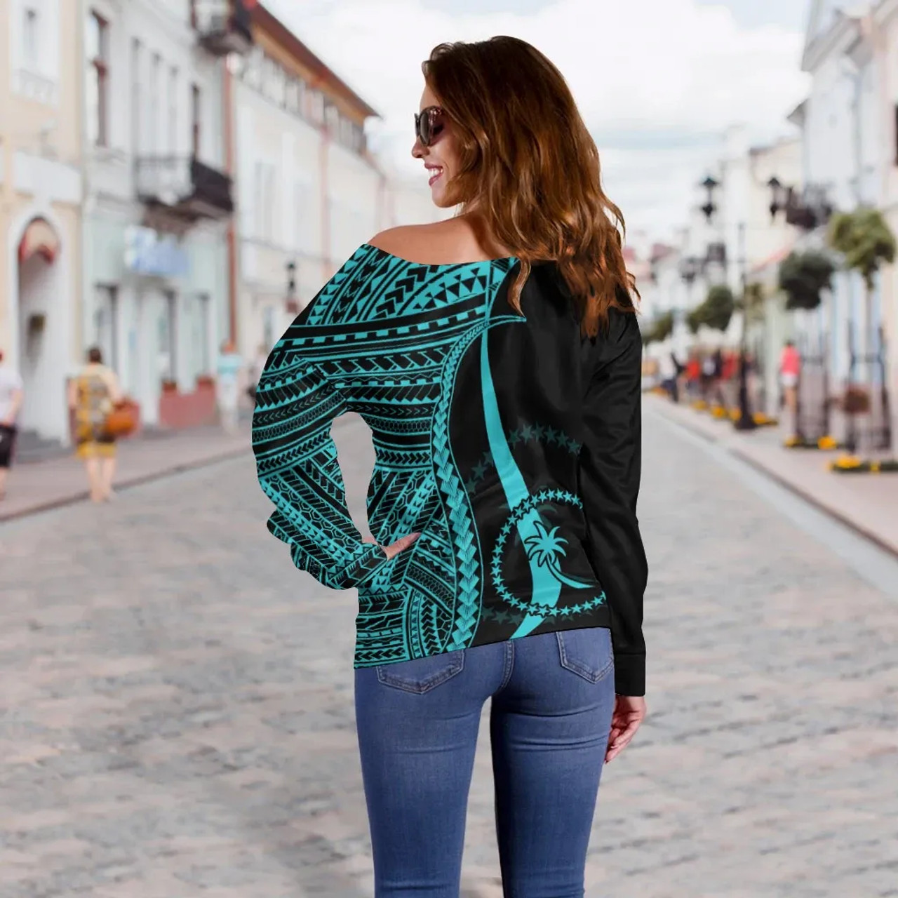 Chuuk Women Off Shoulder Sweater - Turquoise Polynesian Tentacle Tribal Pattern 3