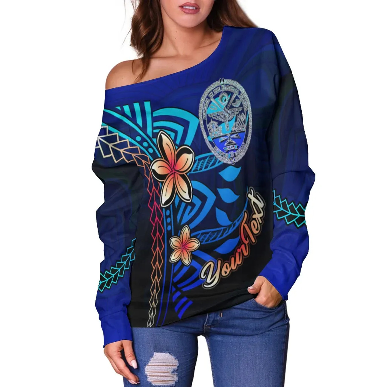 Marshall Islands Custom Personalised Women Off Shoulder Sweater - Vintage Tribal Moutain Crest 2