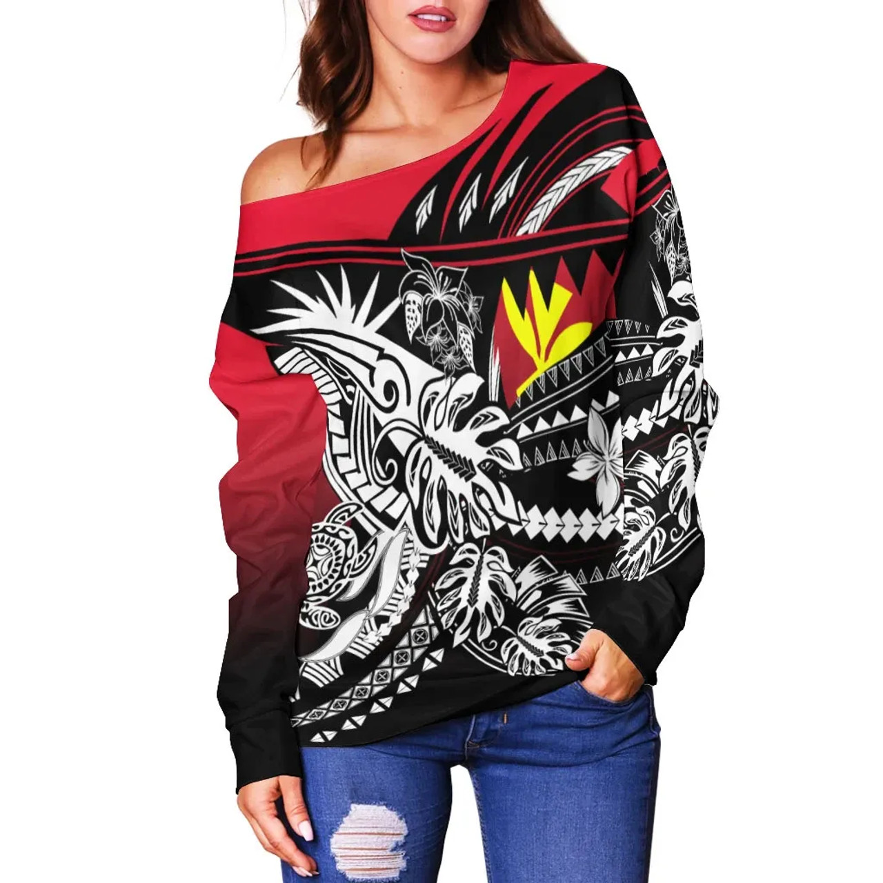Hawaii Women Off Shoulder Sweaters - Tribal Jungle Pattern Red Color 2