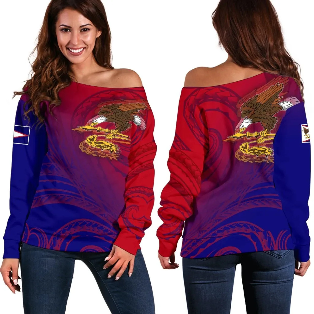 American Samoa Polynesian Women Off Shoulder Sweater - Bald Eagle (Blue - Red) 1