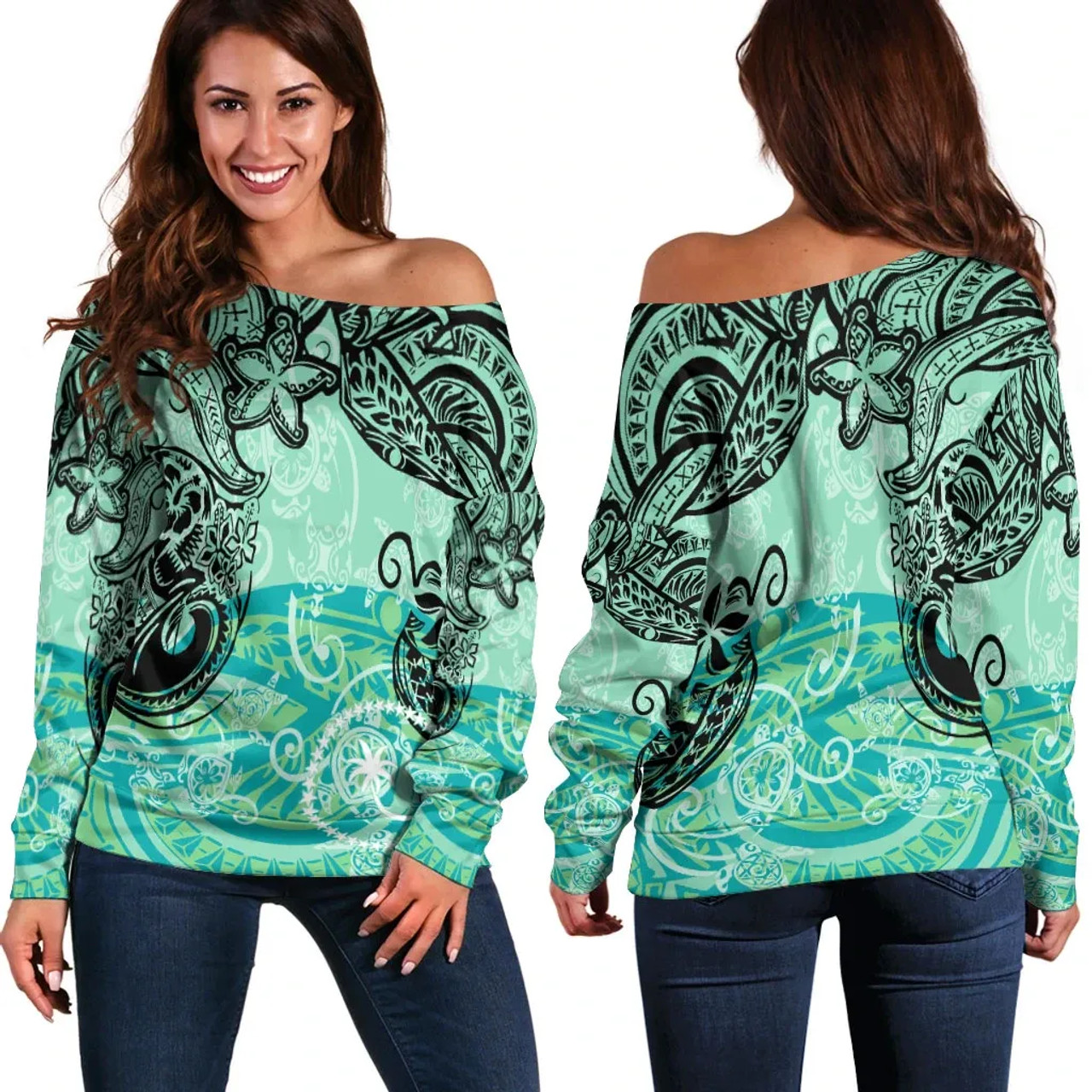 Chuuk Women Off Shoulder Sweaters - Vintage Floral Pattern Green Color 1