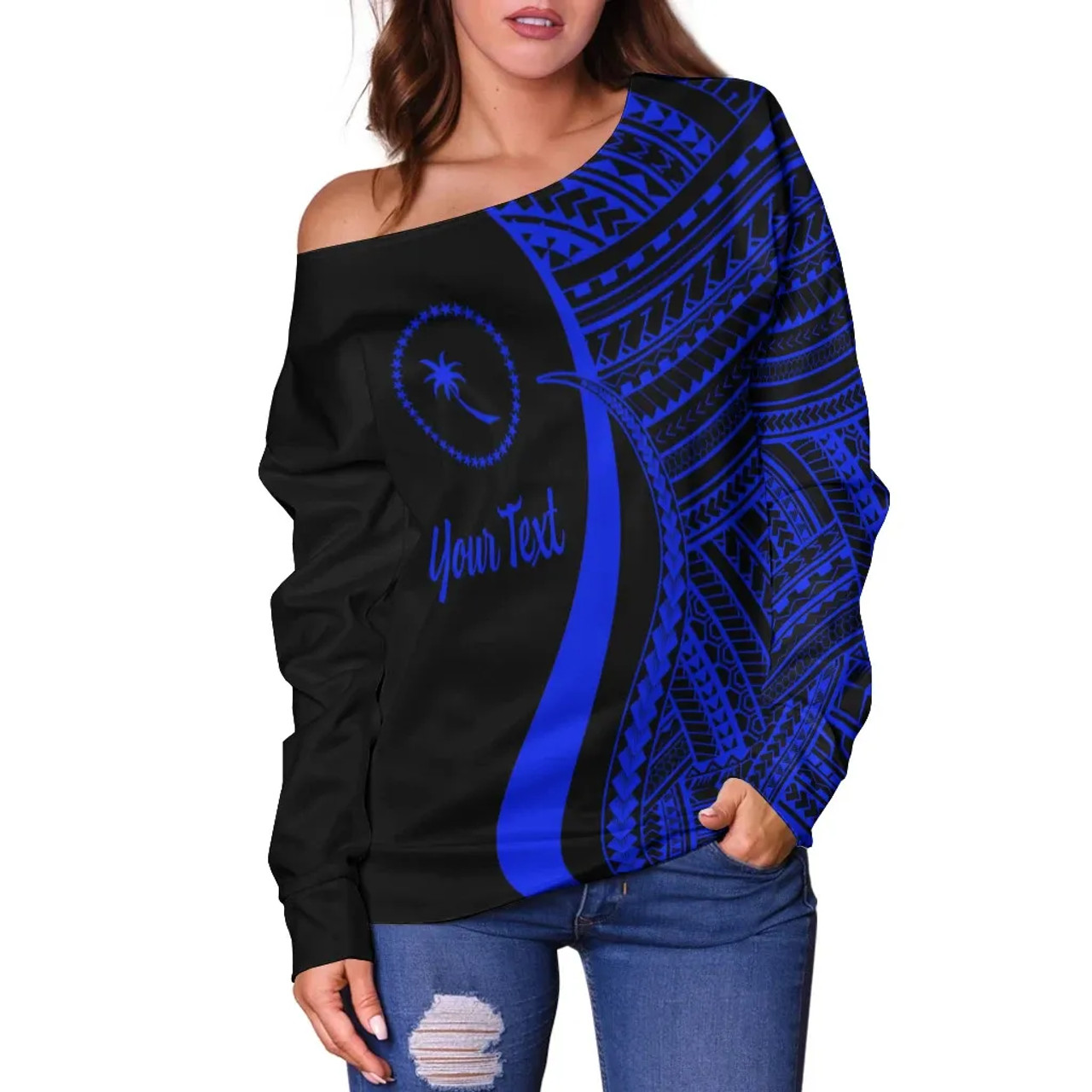 Chuuk Custom Personalised Women Off Shoulder Sweater - Blue Polynesian Tentacle Tribal Pattern 2