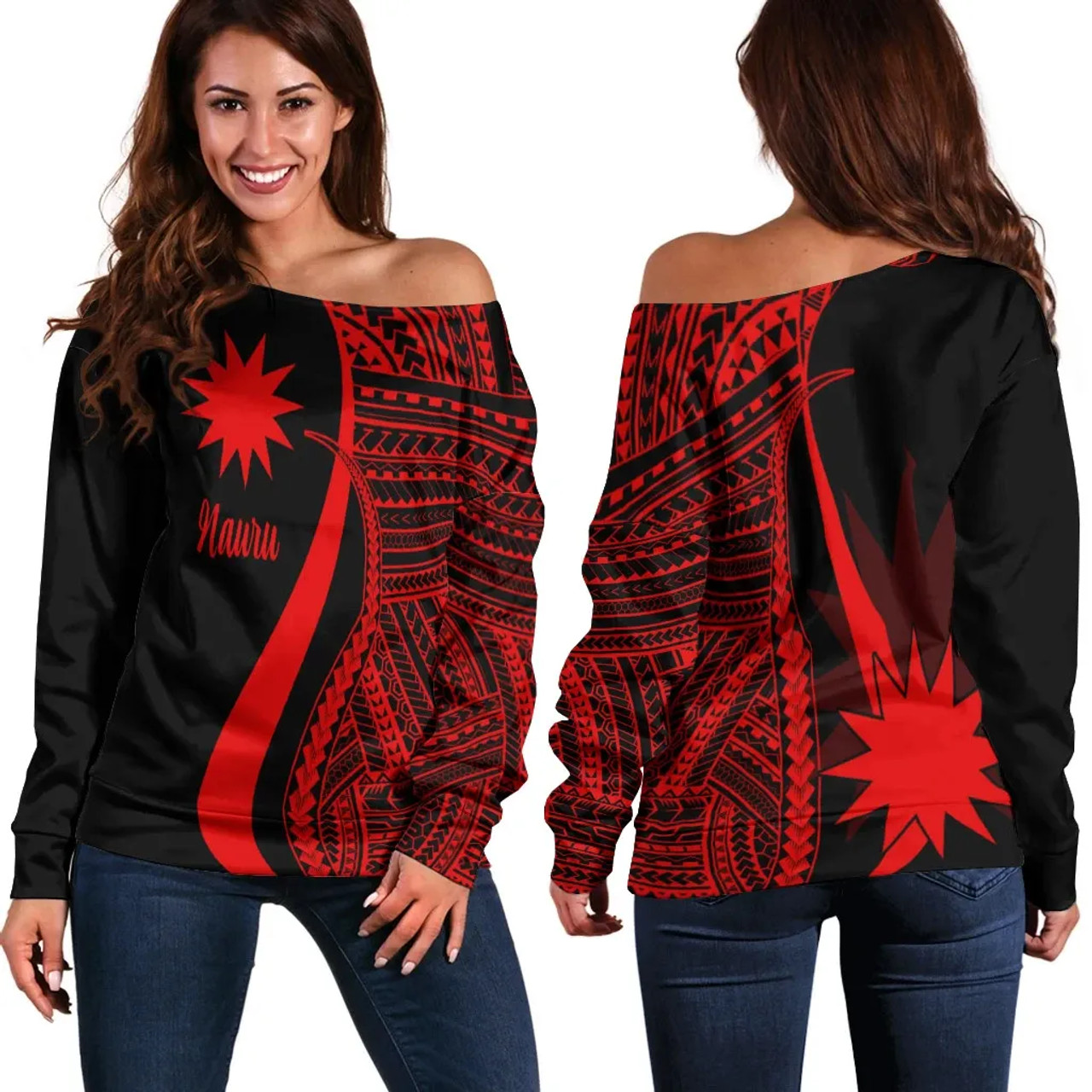 Nauru Women Off Shoulder Sweater - Red Polynesian Tentacle Tribal Pattern 1