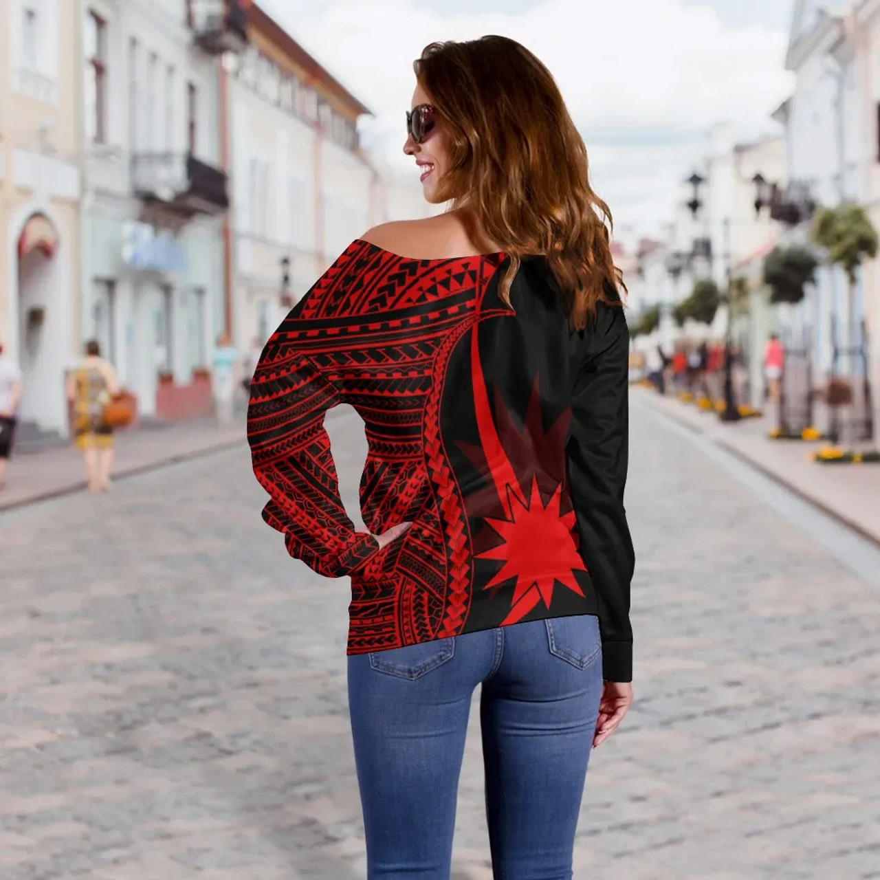 Nauru Women Off Shoulder Sweater - Red Polynesian Tentacle Tribal Pattern 2