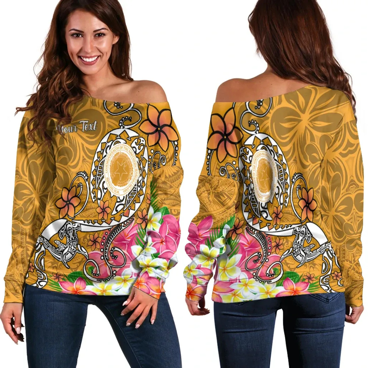 CNMI Custom Personalised Women Off Shoulder Sweater - Turtle Plumeria (Gold) 1