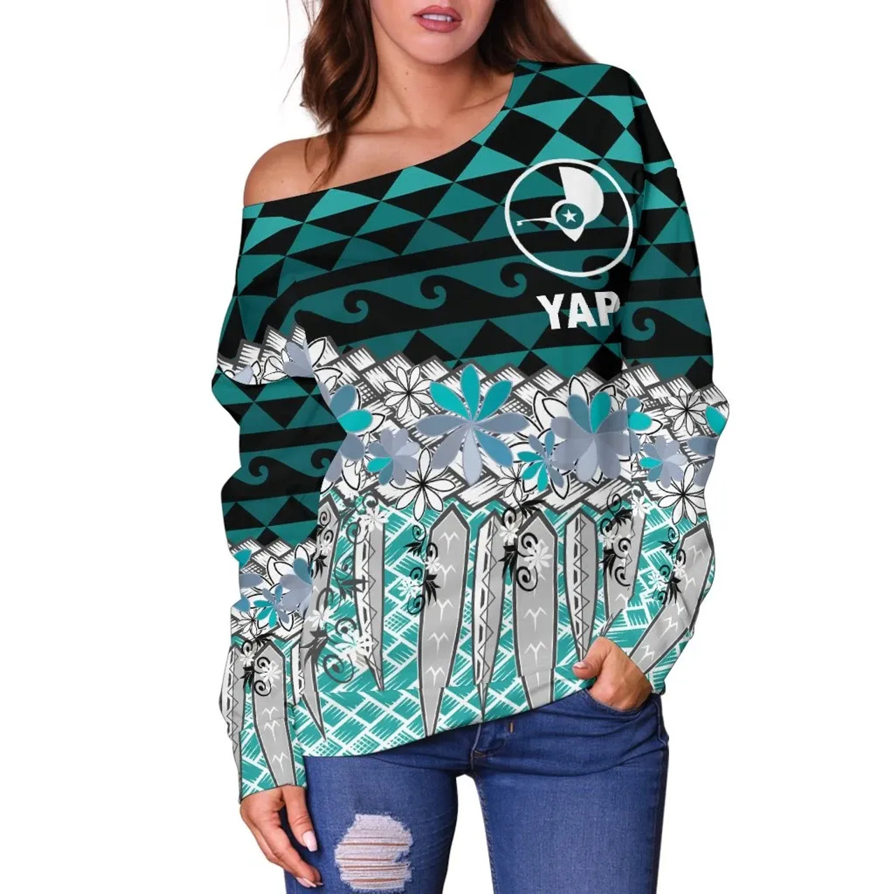 Yap Women Off Shoulder Sweaters - Coconut Leaves Weave Pattern Blue 4