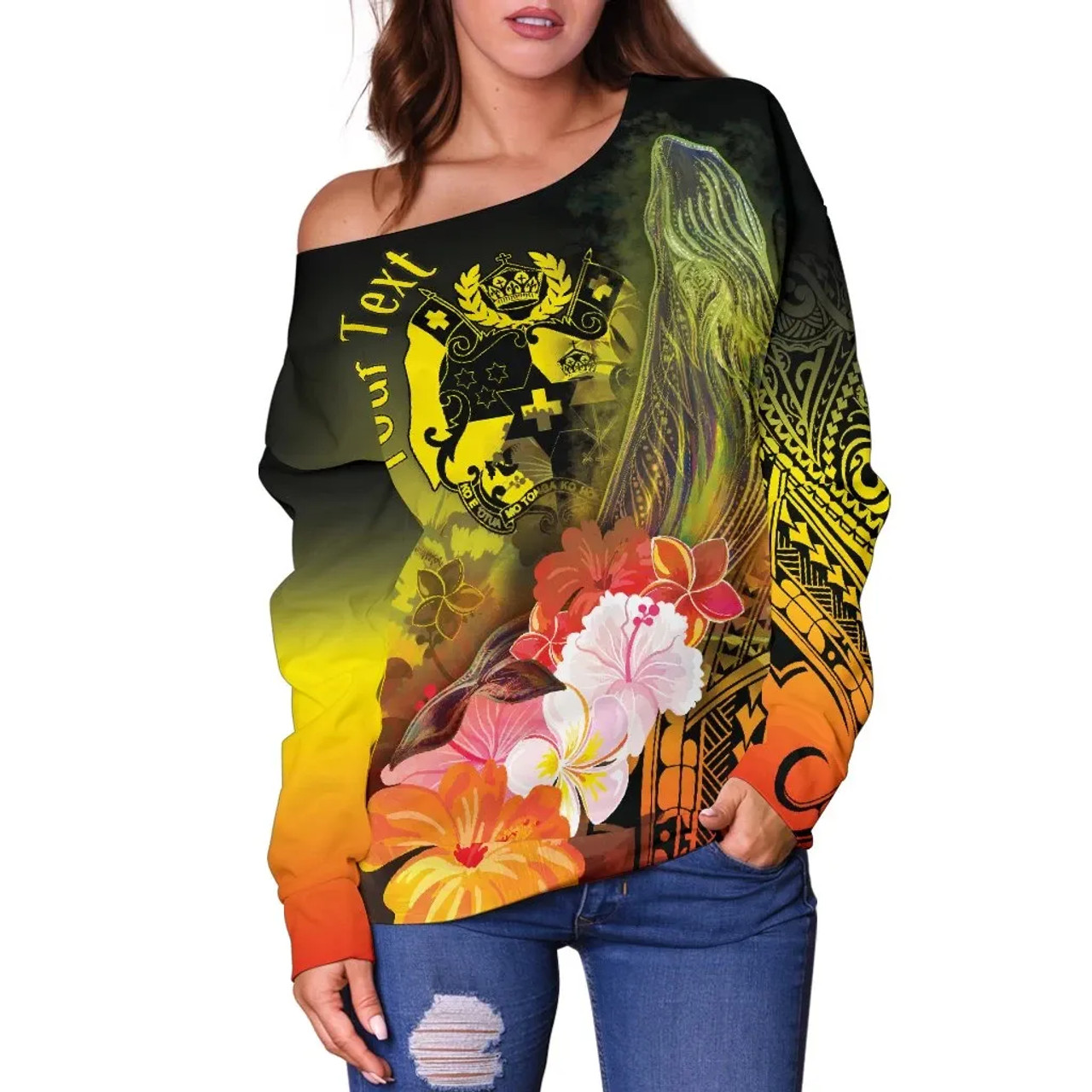 Tonga Custom Personalised Women Off Shoulder Sweater - Humpback Whale with Tropical Flowers (Yellow) 2