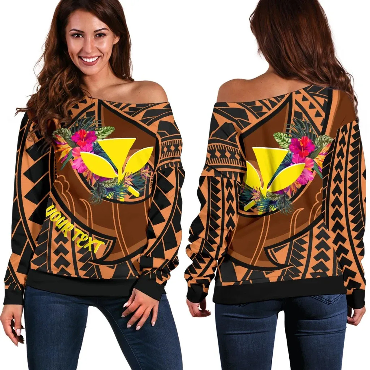 Hawaii Kanaka Maoli Personalised Off Shoulder Sweater - Polynesian Hook And Hibiscus 2