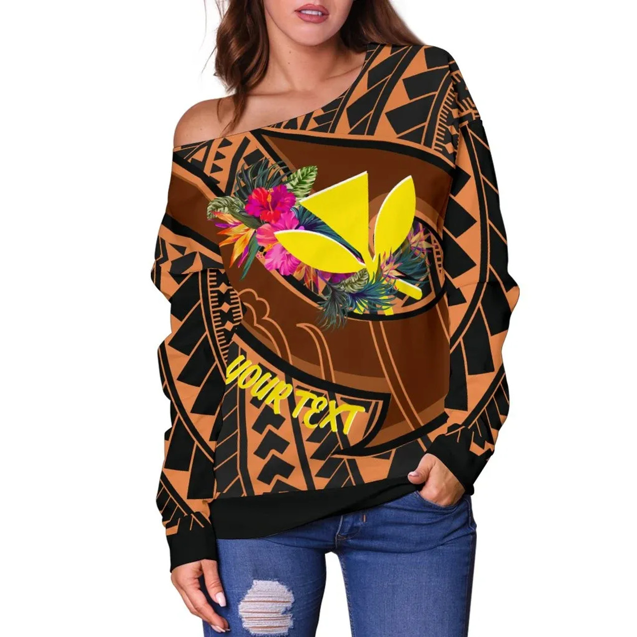Hawaii Kanaka Maoli Personalised Off Shoulder Sweater - Polynesian Hook And Hibiscus 3