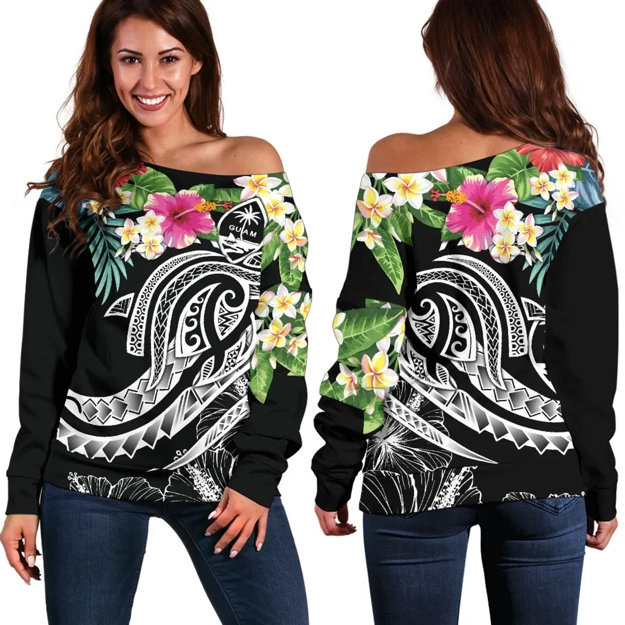 Guam Polynesian Women Off Shoulder Sweater - Summer Plumeria (Black) 1