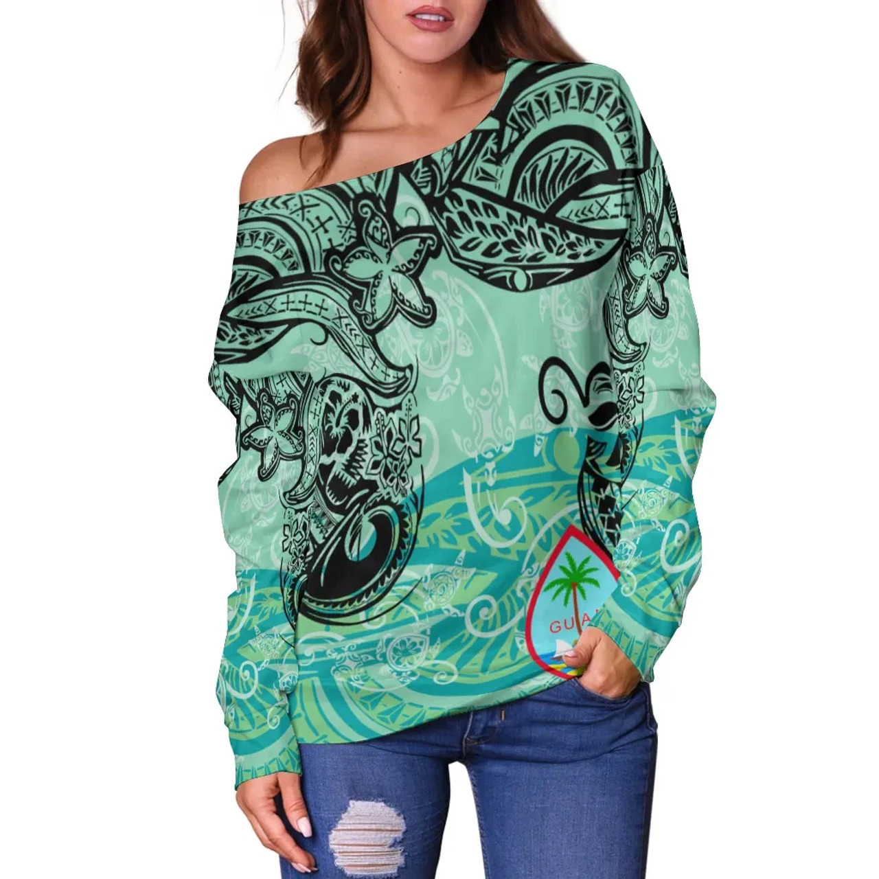 Guam Women Off Shoulder Sweaters - Vintage Floral Pattern Green Color 2