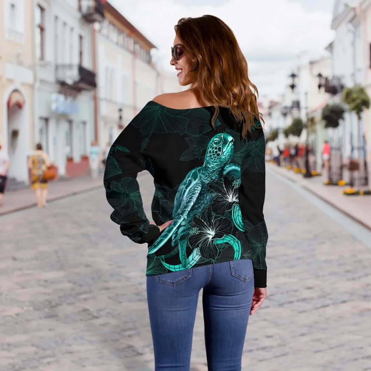 Cook Islands Polynesian Women Off Shoulder Sweater - Turtle With Blooming Hibiscus Turquoise 3