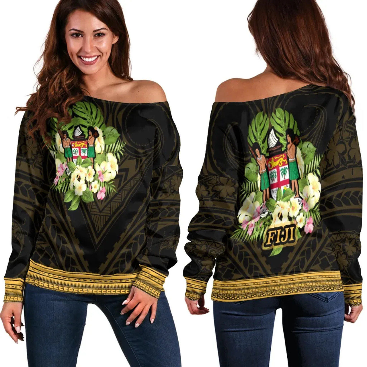 Fiji Women Off Shoulder Sweater - Polynesian Gold Patterns Collection 1
