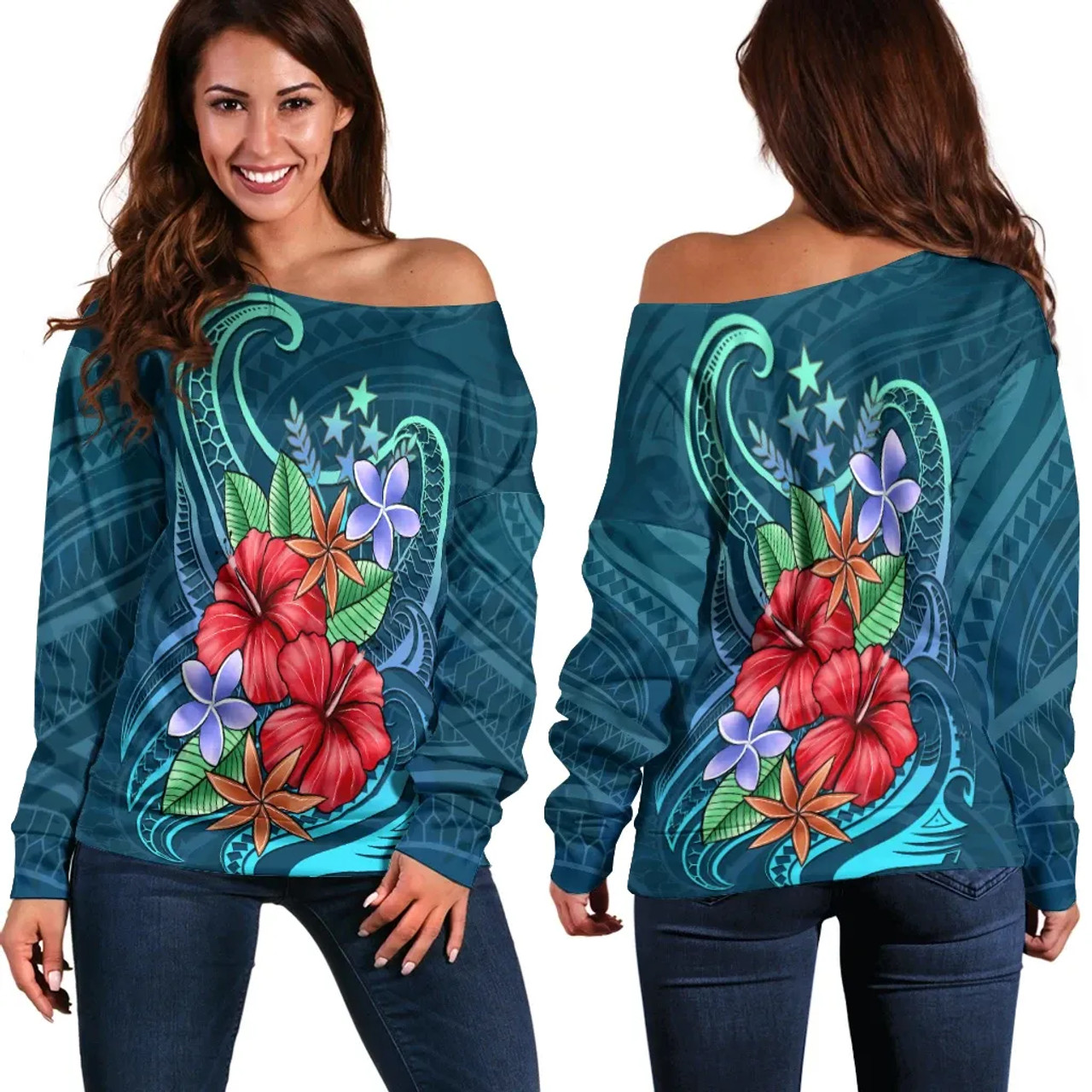 Kosrae Women Off Shoulder Sweater - Blue Pattern With Tropical Flowers 1