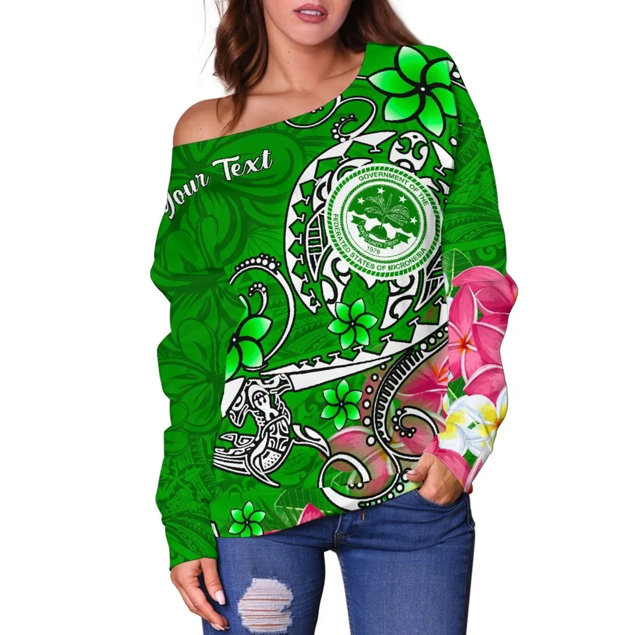 FSM Custom Personalised Women Off Shoulder Sweater - Turtle Plumeria (Green) 2