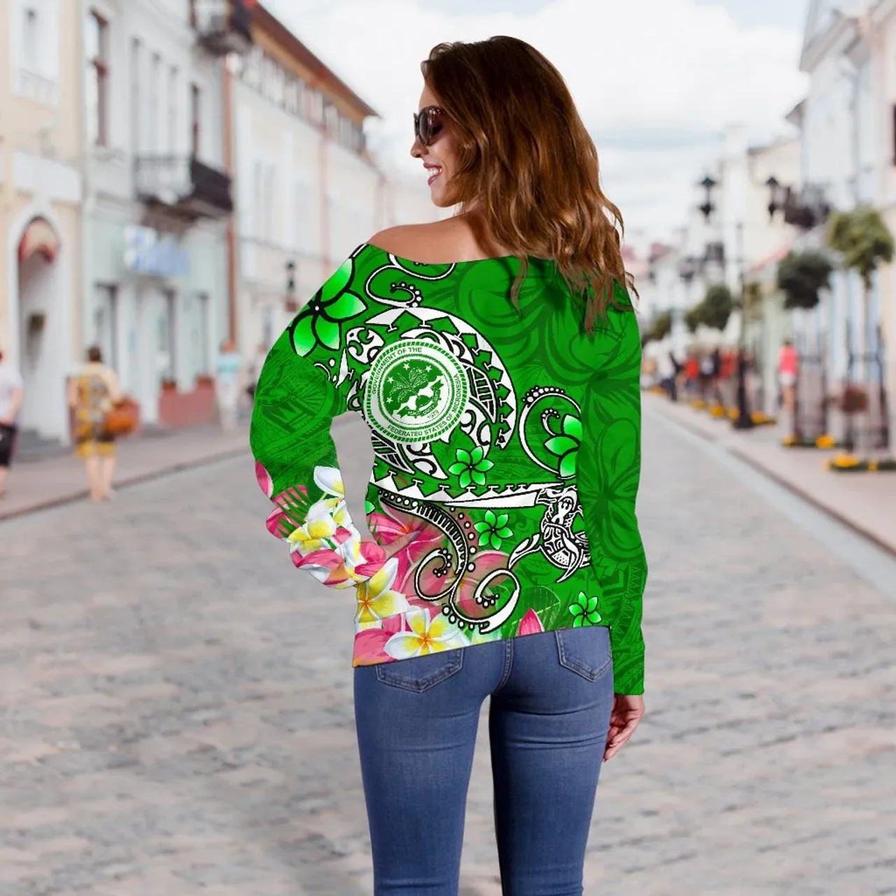 FSM Custom Personalised Women Off Shoulder Sweater - Turtle Plumeria (Green) 3