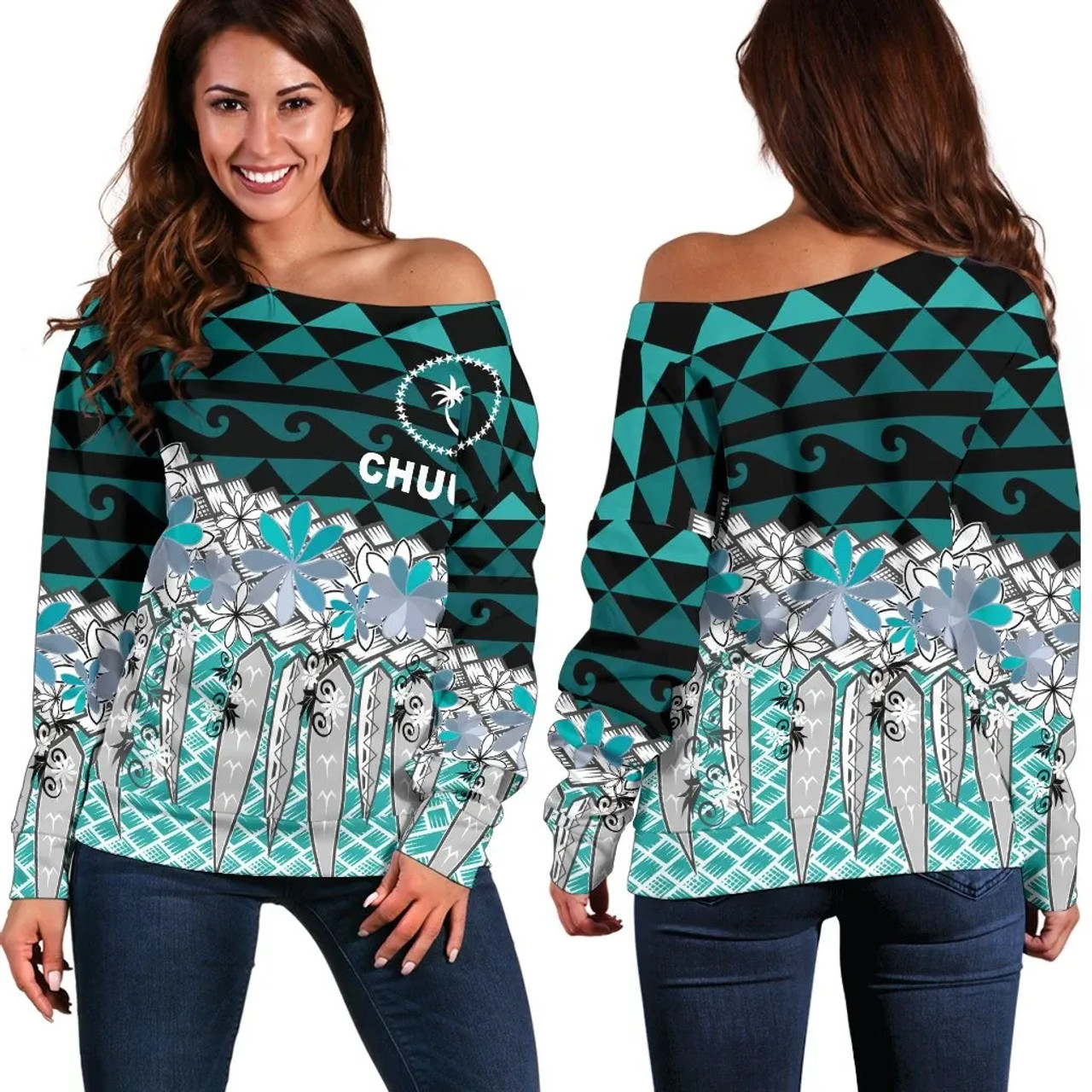 Chuuk Women Off Shoulder Sweaters - Coconut Leaves Weave Pattern Blue 1