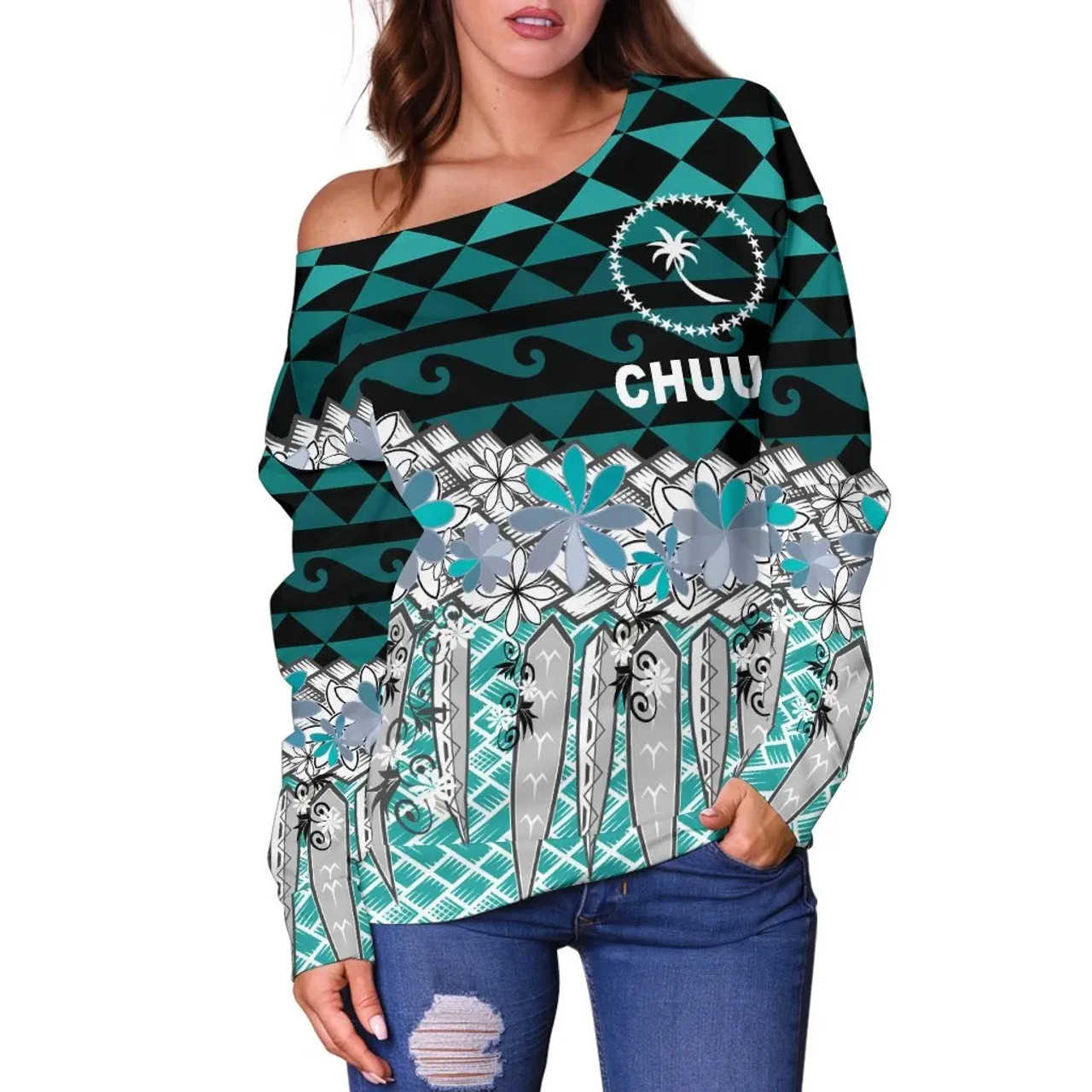 Chuuk Women Off Shoulder Sweaters - Coconut Leaves Weave Pattern Blue 4