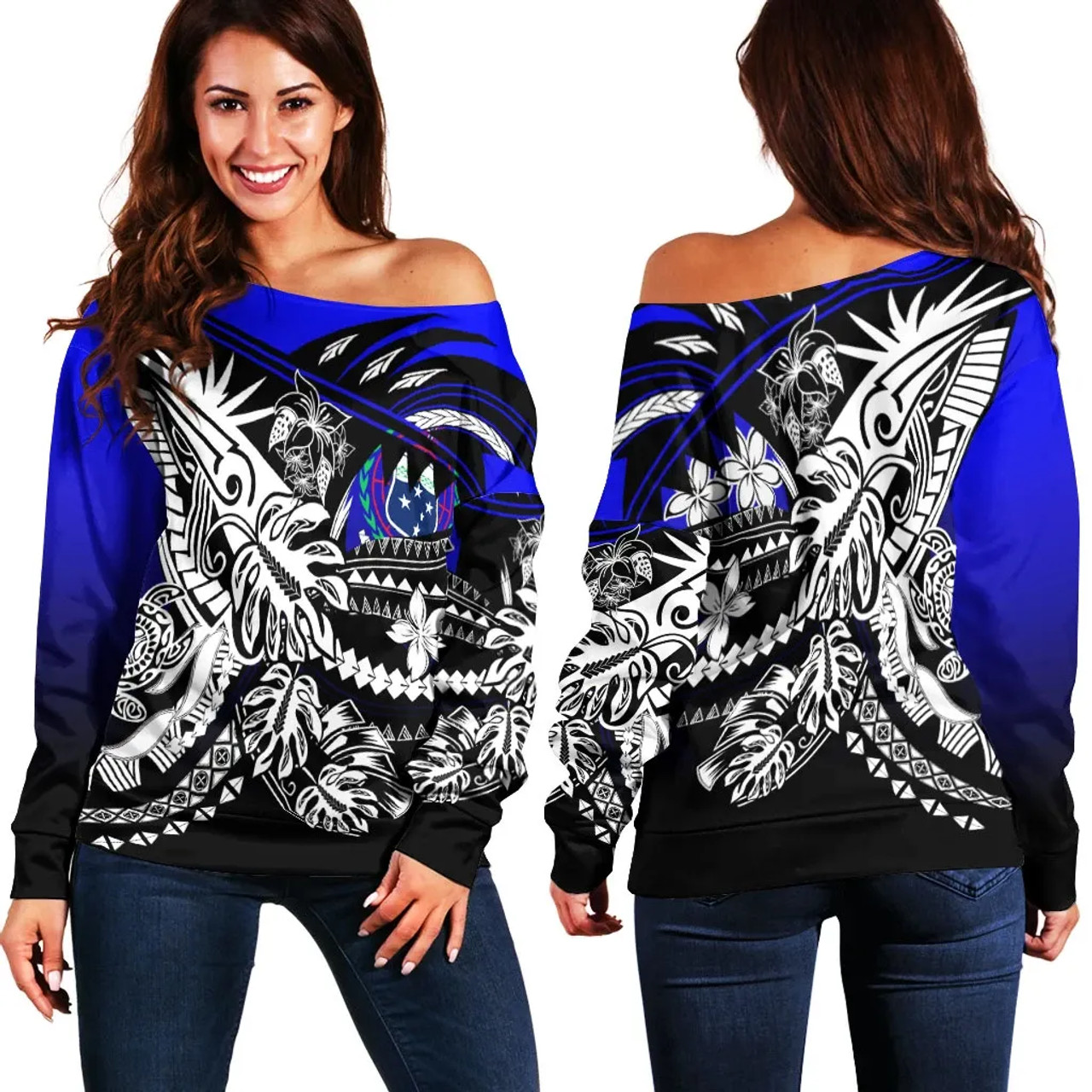 Samoa Women Off Shoulder Sweater - Tribal Jungle Pattern Blue Color 1