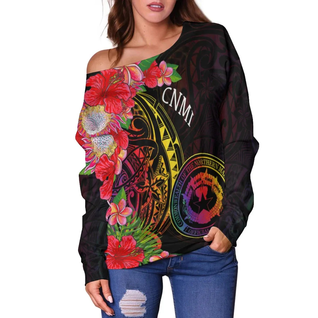 Northern Mariana Islands Women Off Shoulder Sweater - Tropical Hippie Style 2