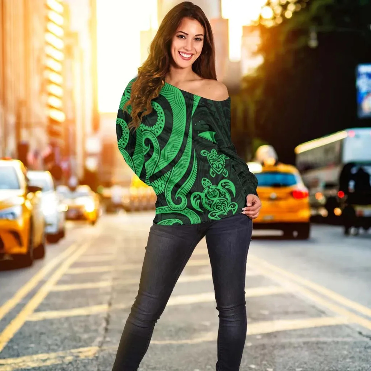 Tokelau Women Off Shoulder Sweater - Green Tentacle Turtle 3