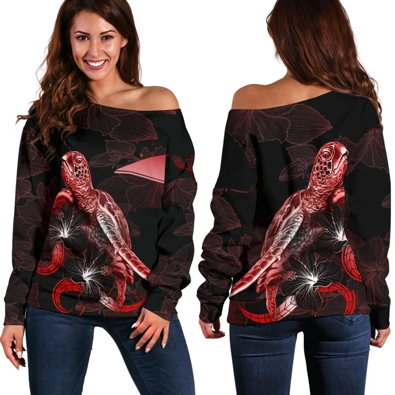 Tokelau Polynesian Women Off Shoulder Sweater - Turtle With Blooming Hibiscus Red 1