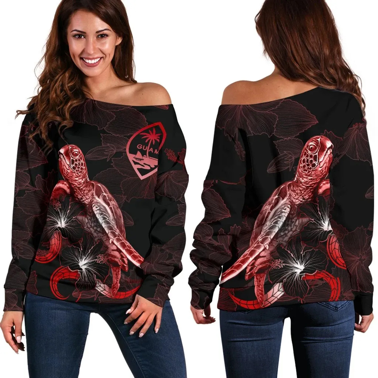 Guam Polynesian Women Off Shoulder Sweater - Turtle With Blooming Hibiscus Red 1