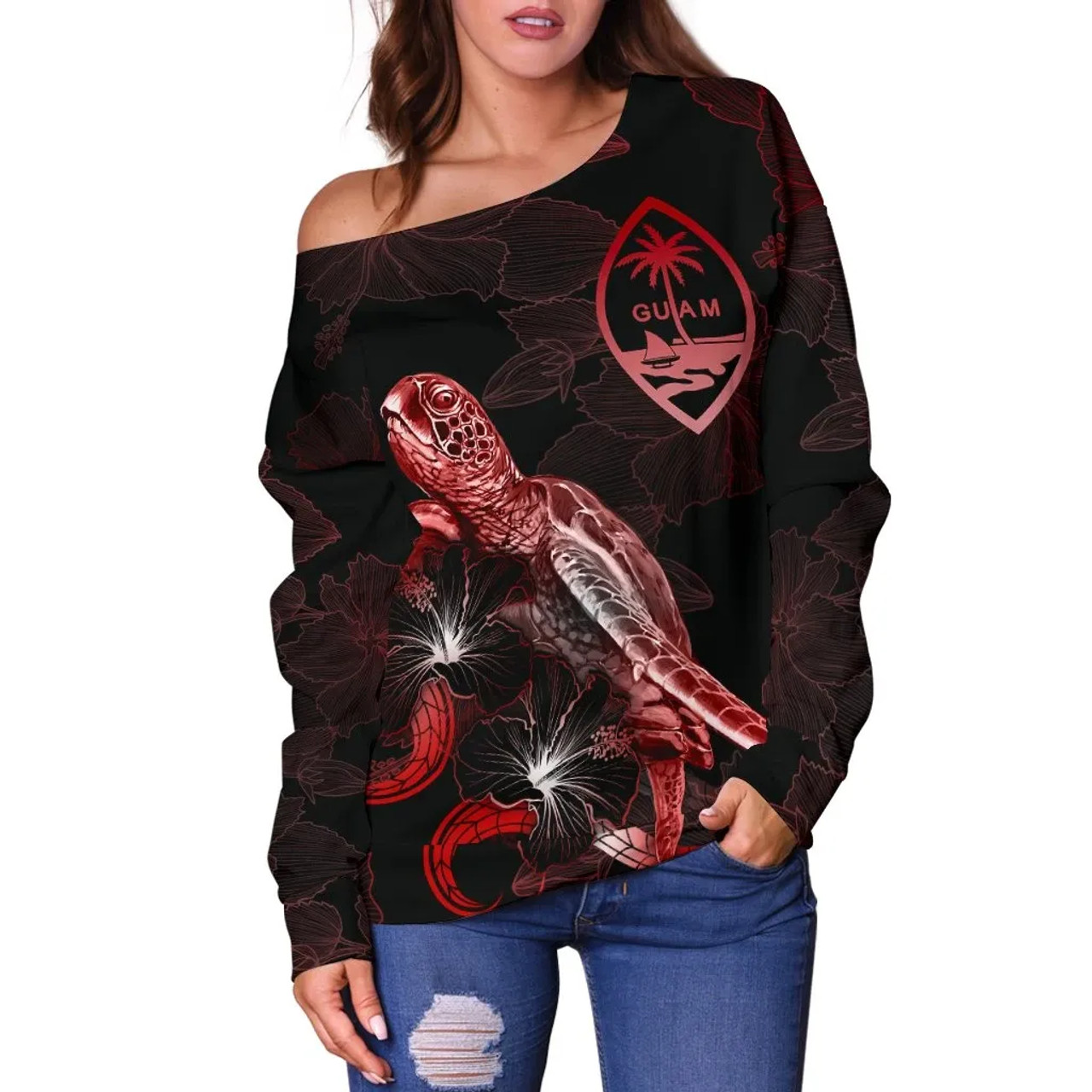 Guam Polynesian Women Off Shoulder Sweater - Turtle With Blooming Hibiscus Red 2