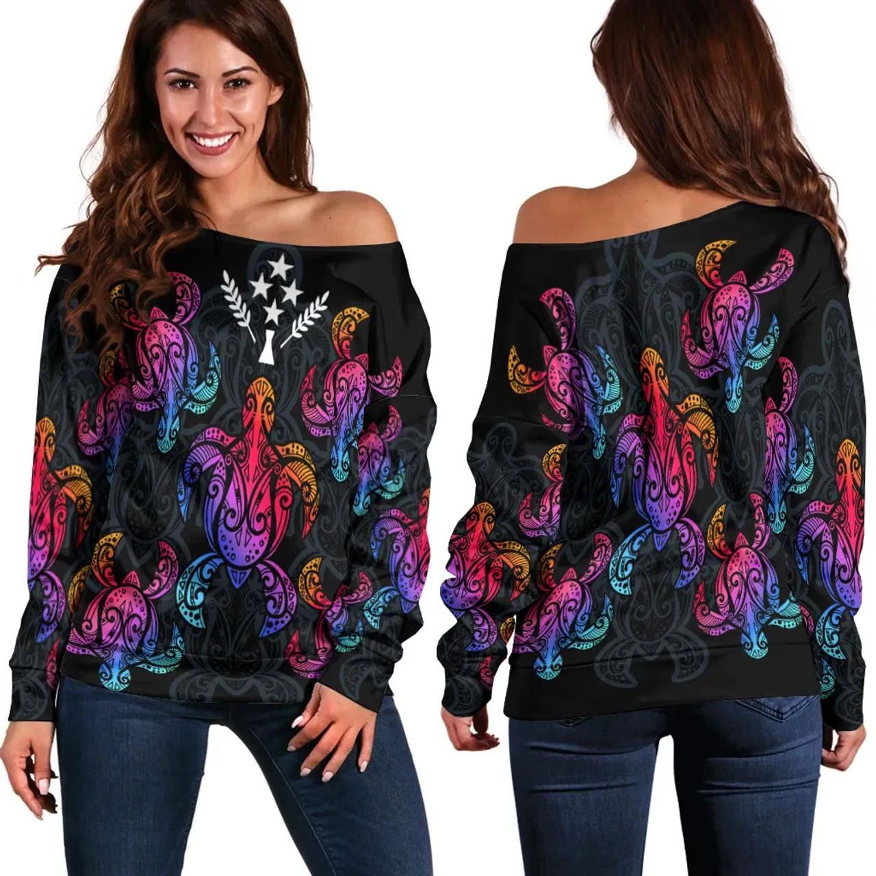 Kosrae Women Off Shoulder Sweaters - Sea Turtle In Tribal Polynesian Style 1