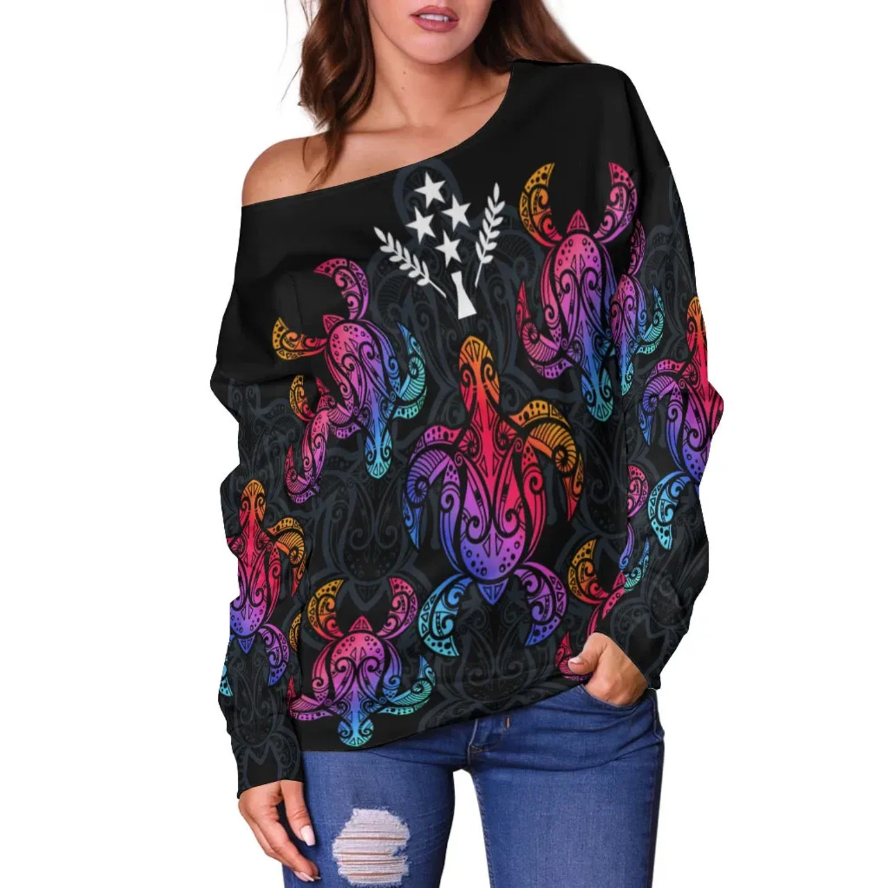 Kosrae Women Off Shoulder Sweaters - Sea Turtle In Tribal Polynesian Style 2