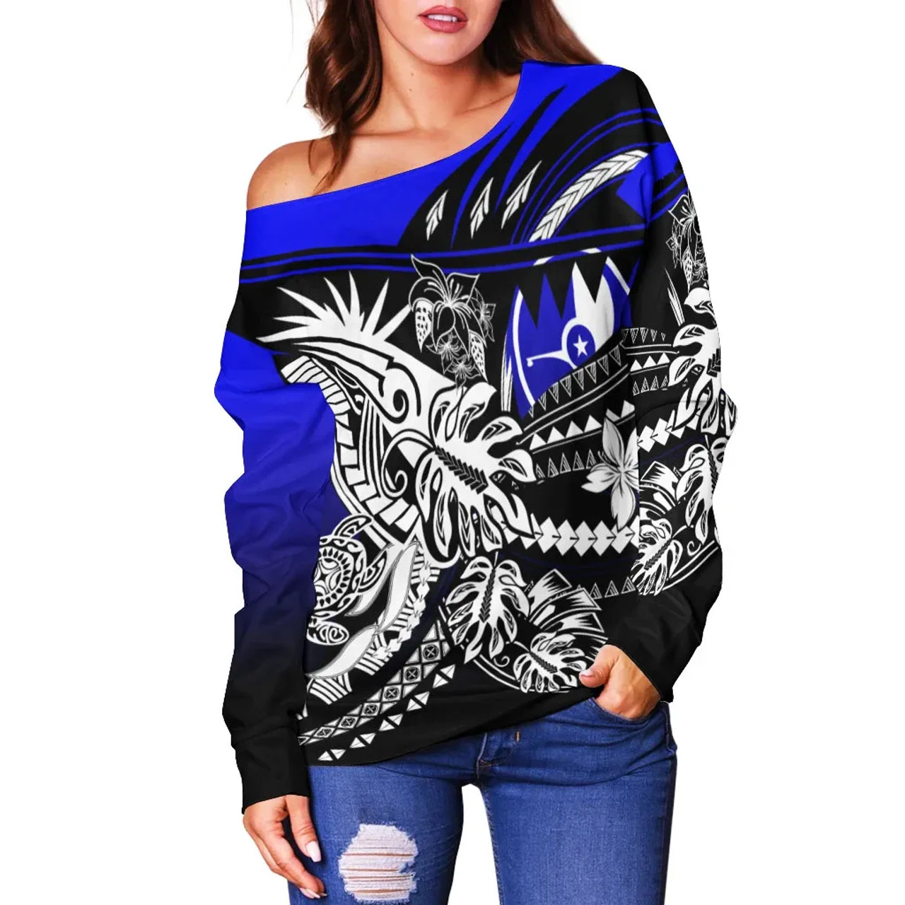 Yap Women Off Shoulder Sweaters - Tribal Jungle Pattern Blue Color 2