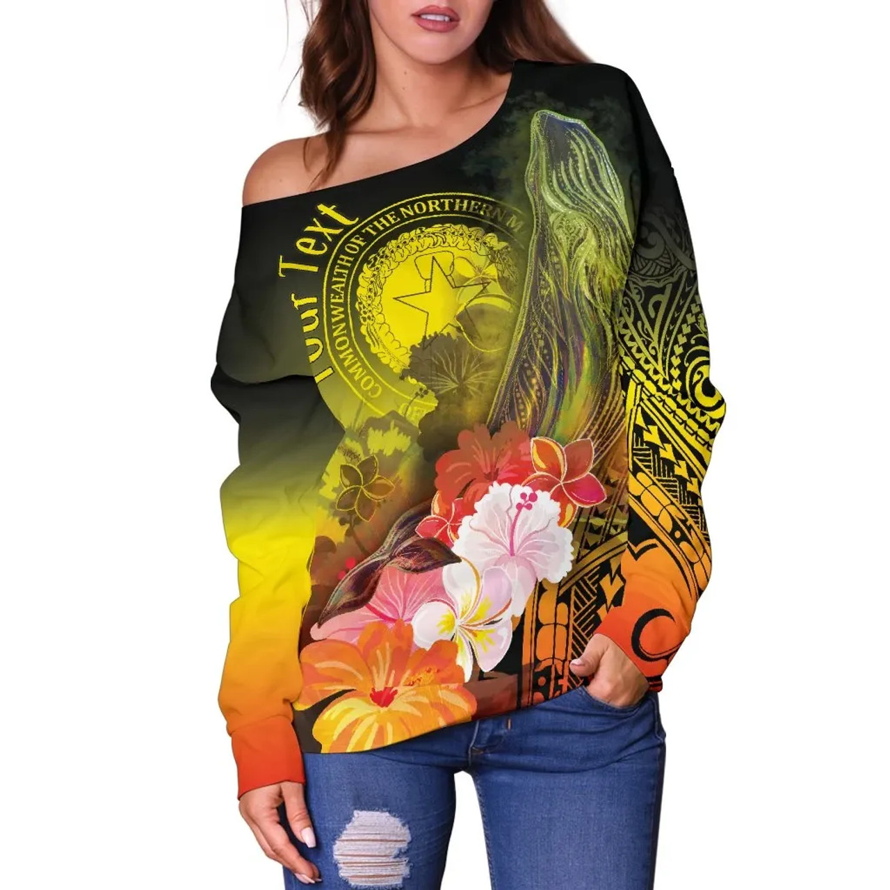 CNMI Custom Personalised Women Off Shoulder Sweater - Humpback Whale with Tropical Flowers (Yellow) 3