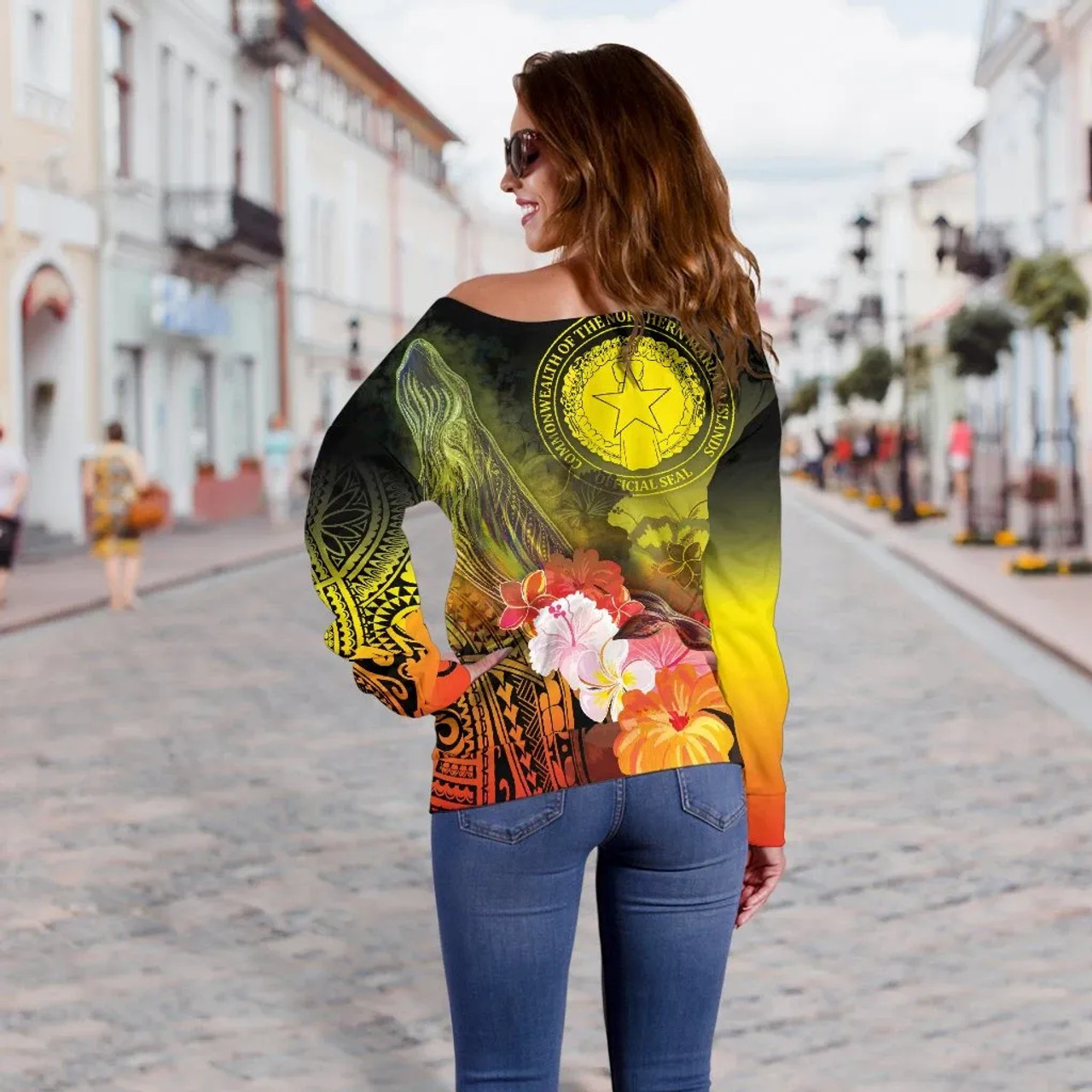 CNMI Custom Personalised Women Off Shoulder Sweater - Humpback Whale with Tropical Flowers (Yellow) 4