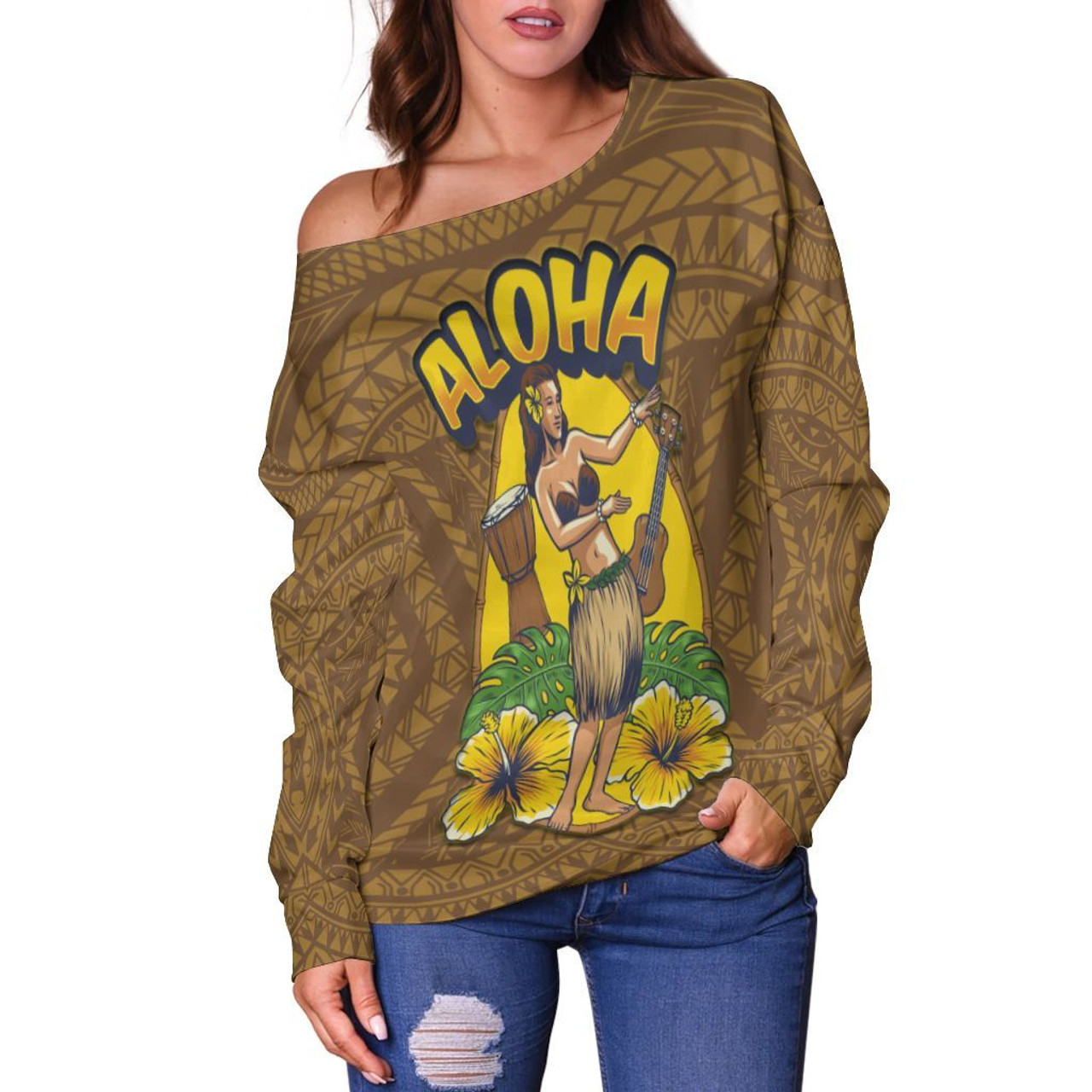 Hawaii Off Shoulder Sweater - Aloha Hula Girl 2