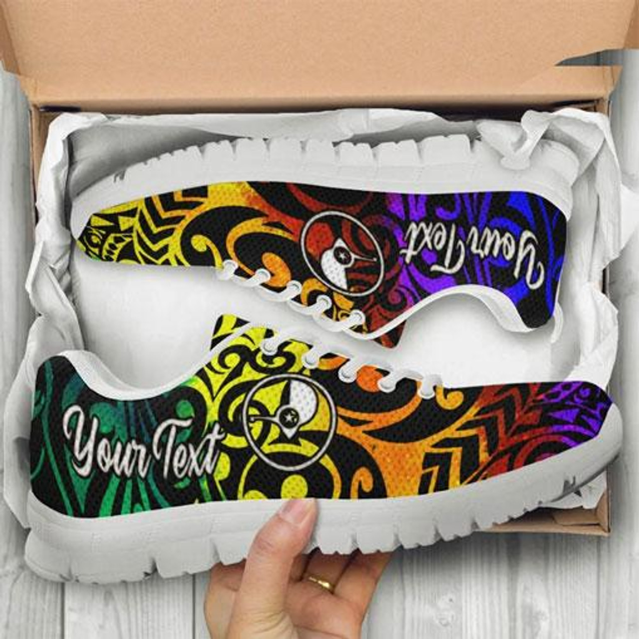 Yap Custom Personalised Sneakers - Rainbow Polynesian Pattern 10