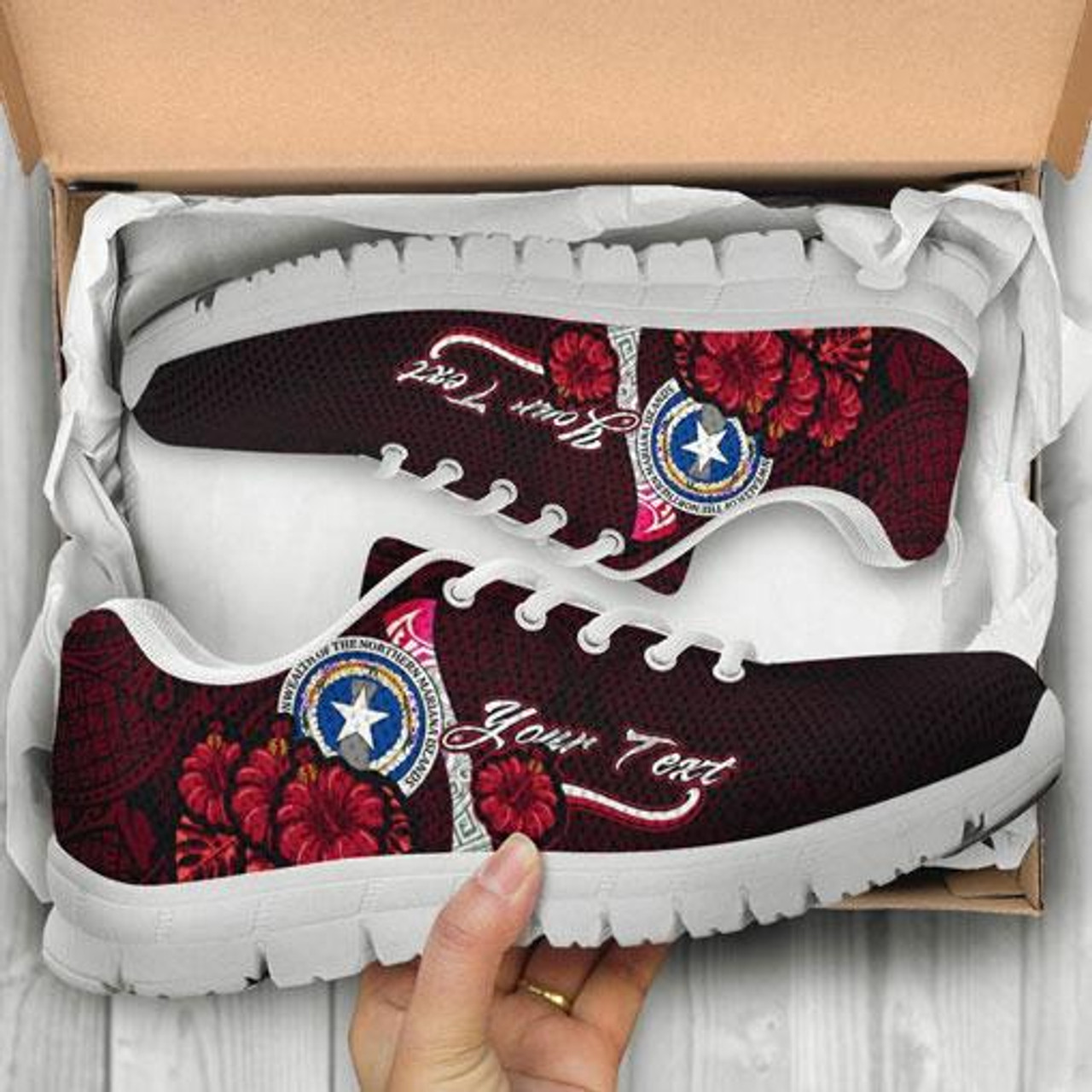 Northern Mariana Islands Polynesian Custom Personalised Sneakers - Coat Of Arm With Hibiscus 10