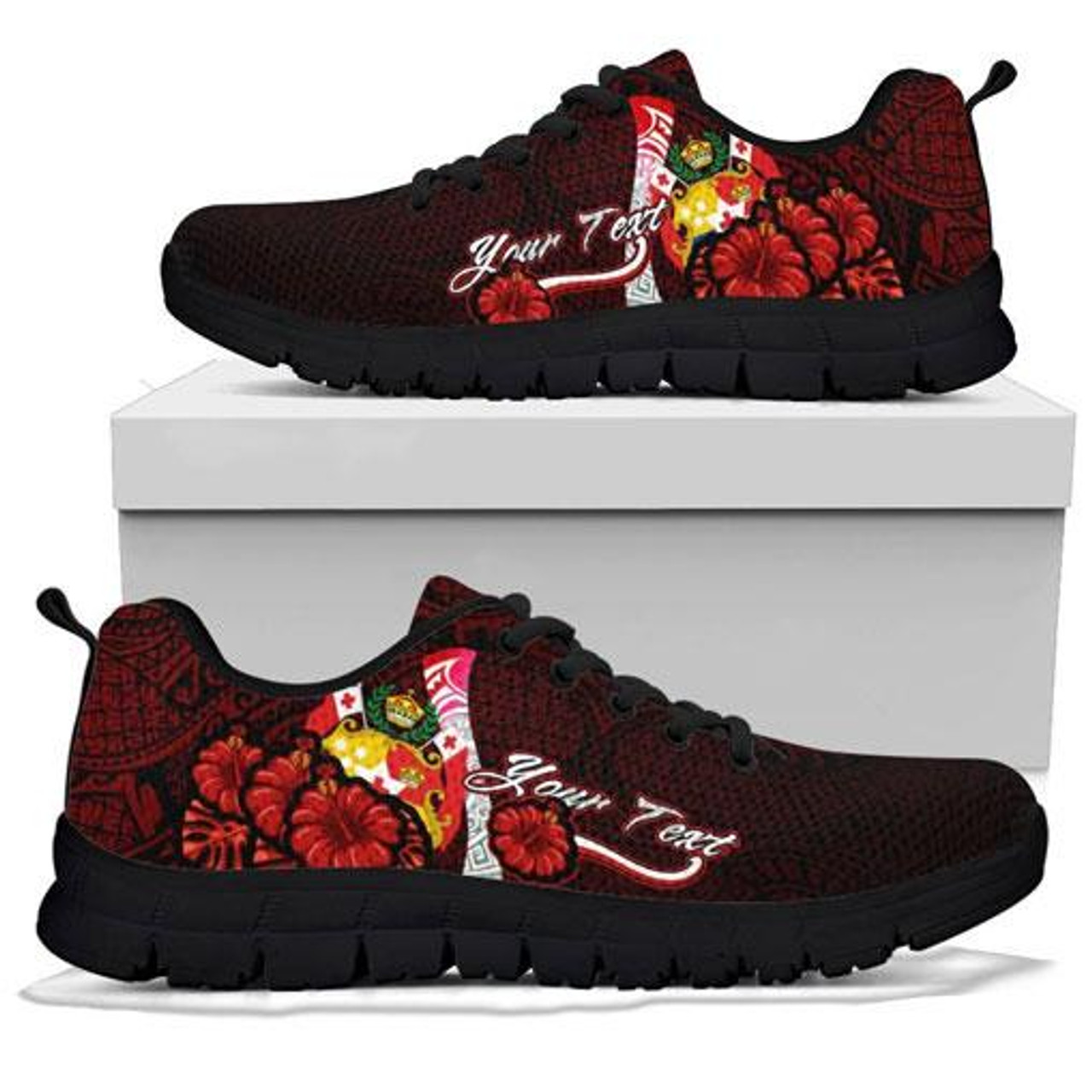 Tonga Polynesian Custom Personalised Sneakers - Coat Of Arm With Hibiscus 3