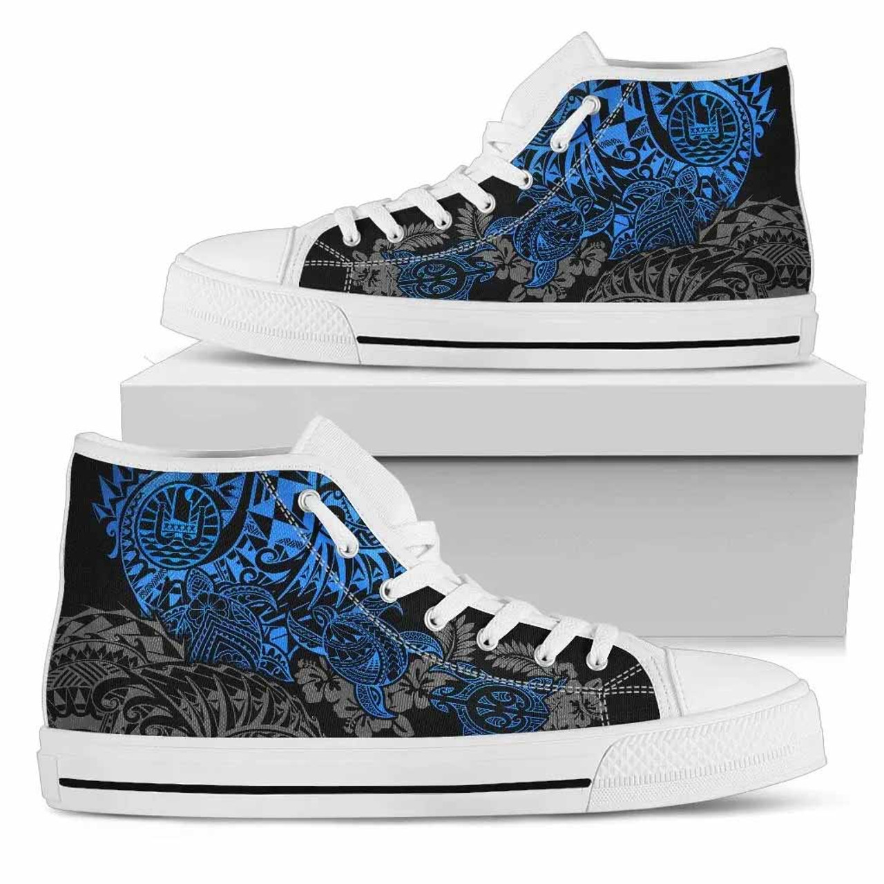 Tahiti Polynesian High Top Shoes - Blue Turtle Hibiscus Flowing 6