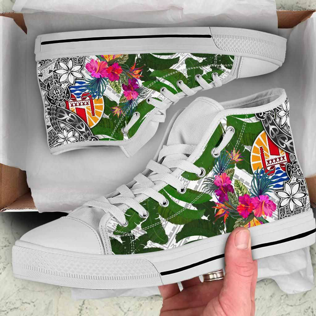 Tahiti High Top Shoes White - Turtle Plumeria Banana Leaf 10